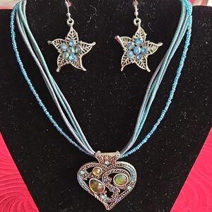 Silver & Blue Flower Earrings and Heart Pendant Necklace Set